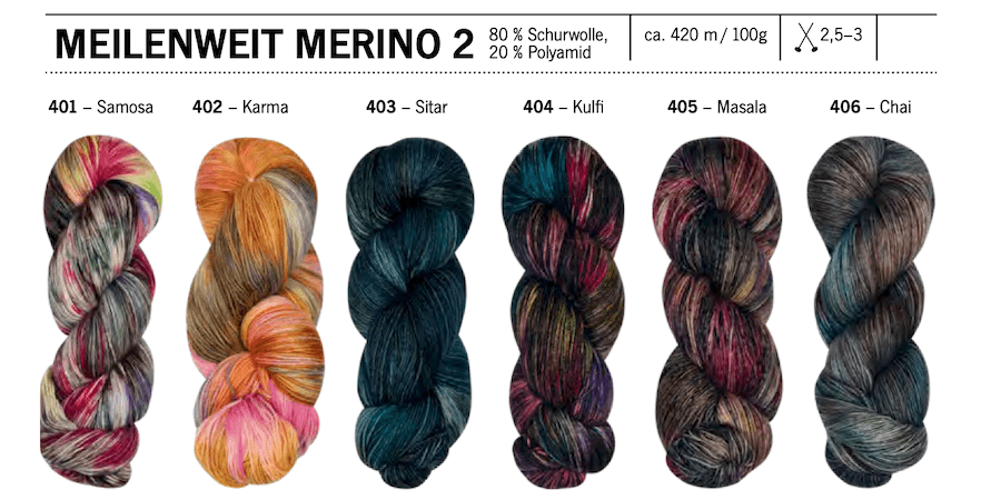 Meilenweit Merino Hand-Dyed handgefärbte Wolle und Garn Farbkarte 2