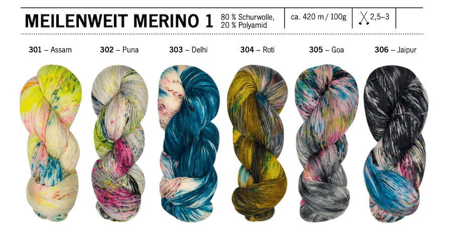 Meilenweit Merino Hand-Dyed handgefärbte Wolle und Garn Farbkarte 1